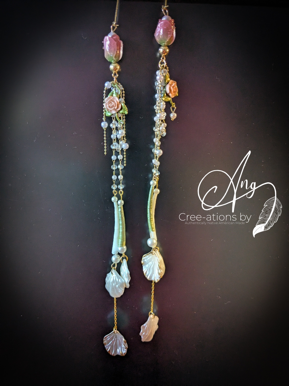 Indigenous Created Elegant Floral Dentalium Shell Statement Earrings - Picture 2 of 11